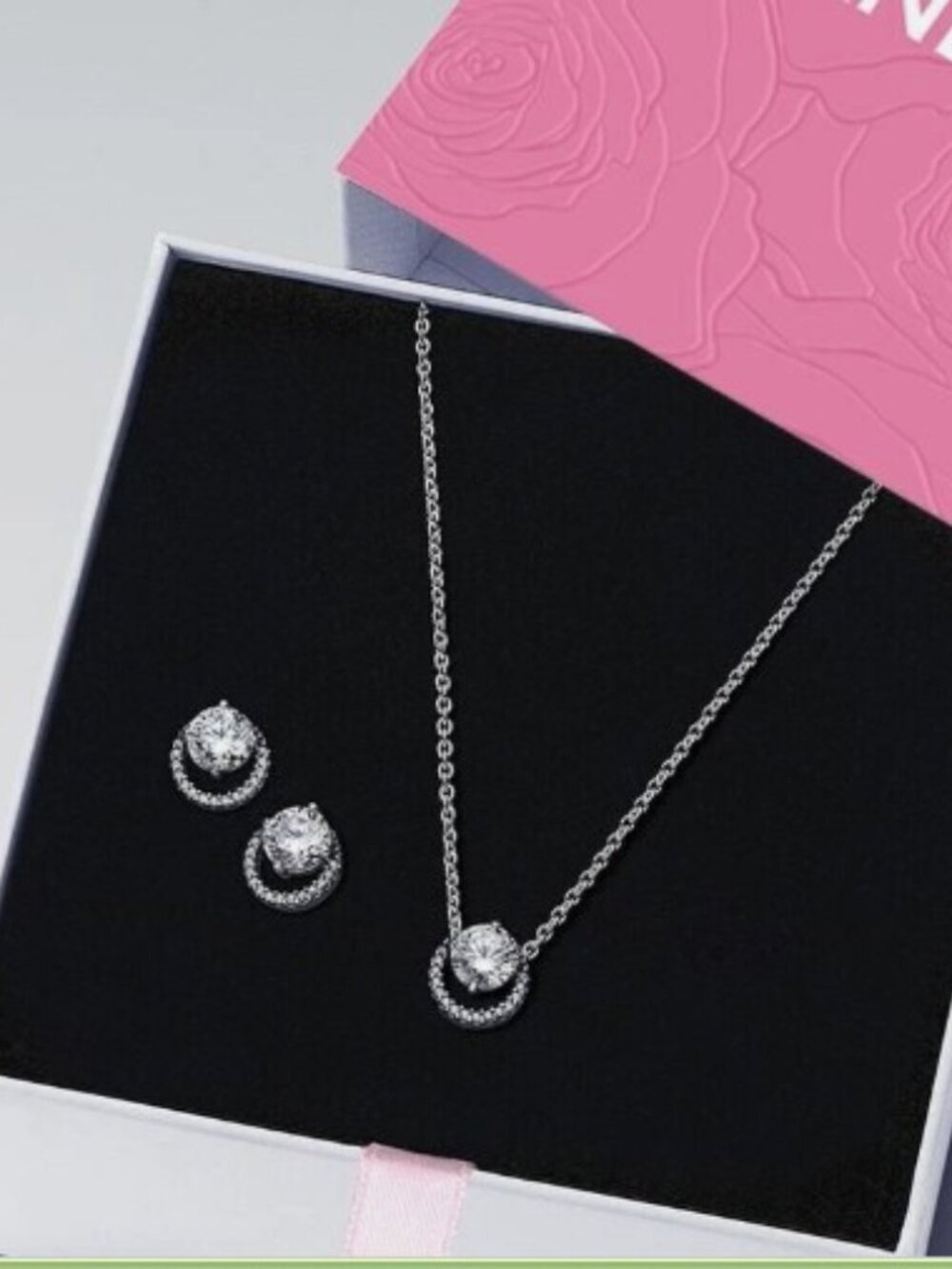 Authentic Pandora SS Sparkling Round Halo Necklace & Earrings SET B802398-2